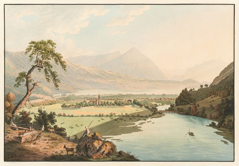 Vue d’Interlaken de Franz Niklaus König, paisaje con lago y Alpes, medio desconocido.