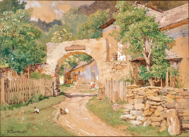 Pintura a óleo de Hugo Darnaut retratando uma paisagem de fazenda na primavera.