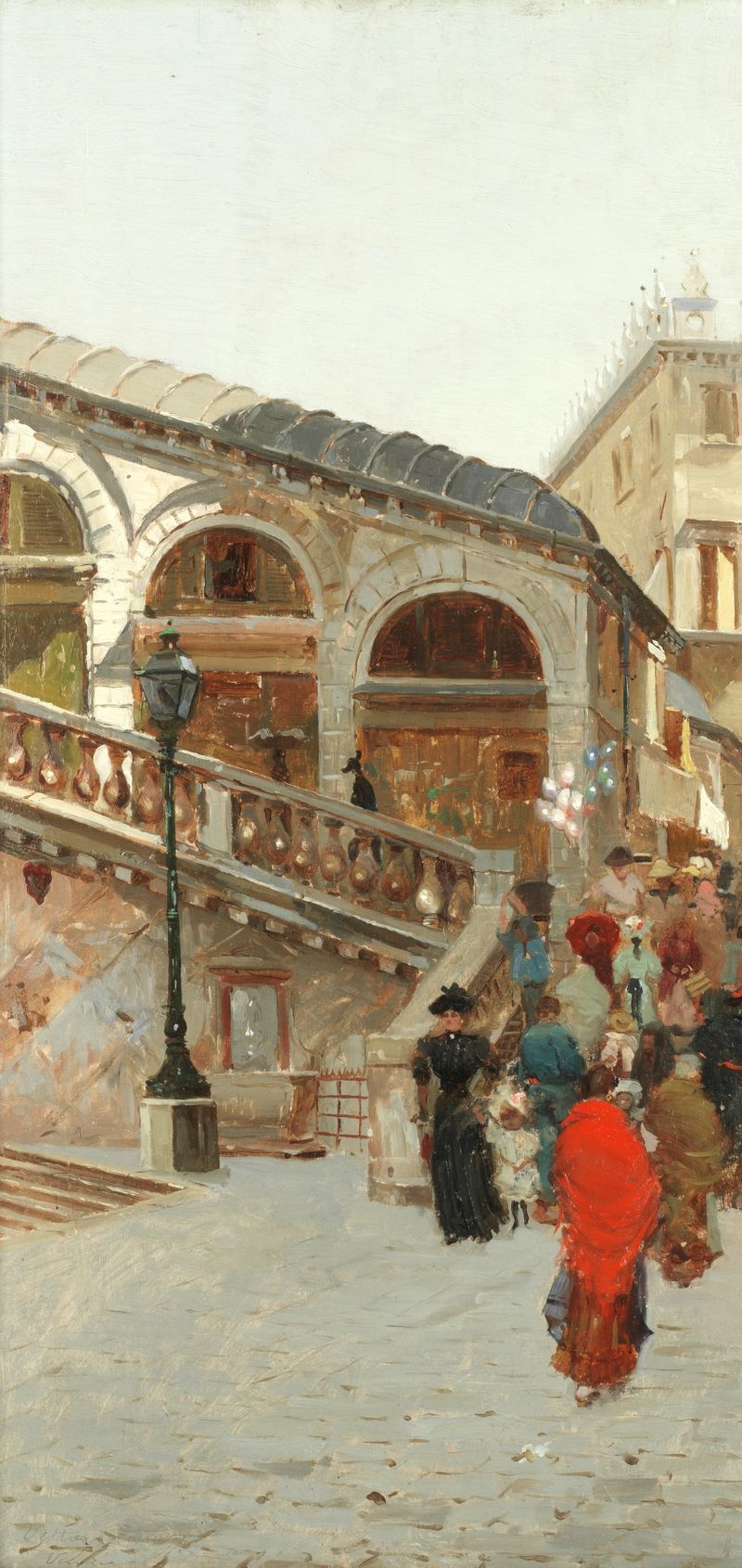 Genre scene with bustling figures at the Rialto Bridge, oil painting by Vettore Zanetti-Zilla