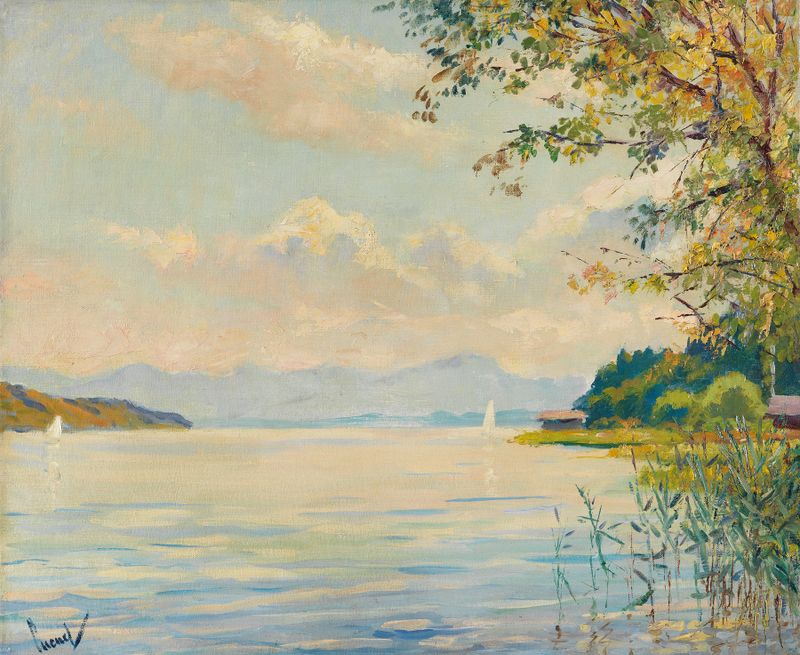 Lake Starnberg – distant view by Edward Cucuel, impressionism, depicting serene water reflections.