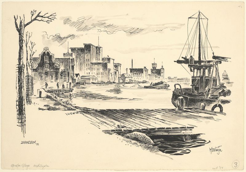 Pintura a óleo de paisagem de Maarten Oortwijn representando um rio e uma vila