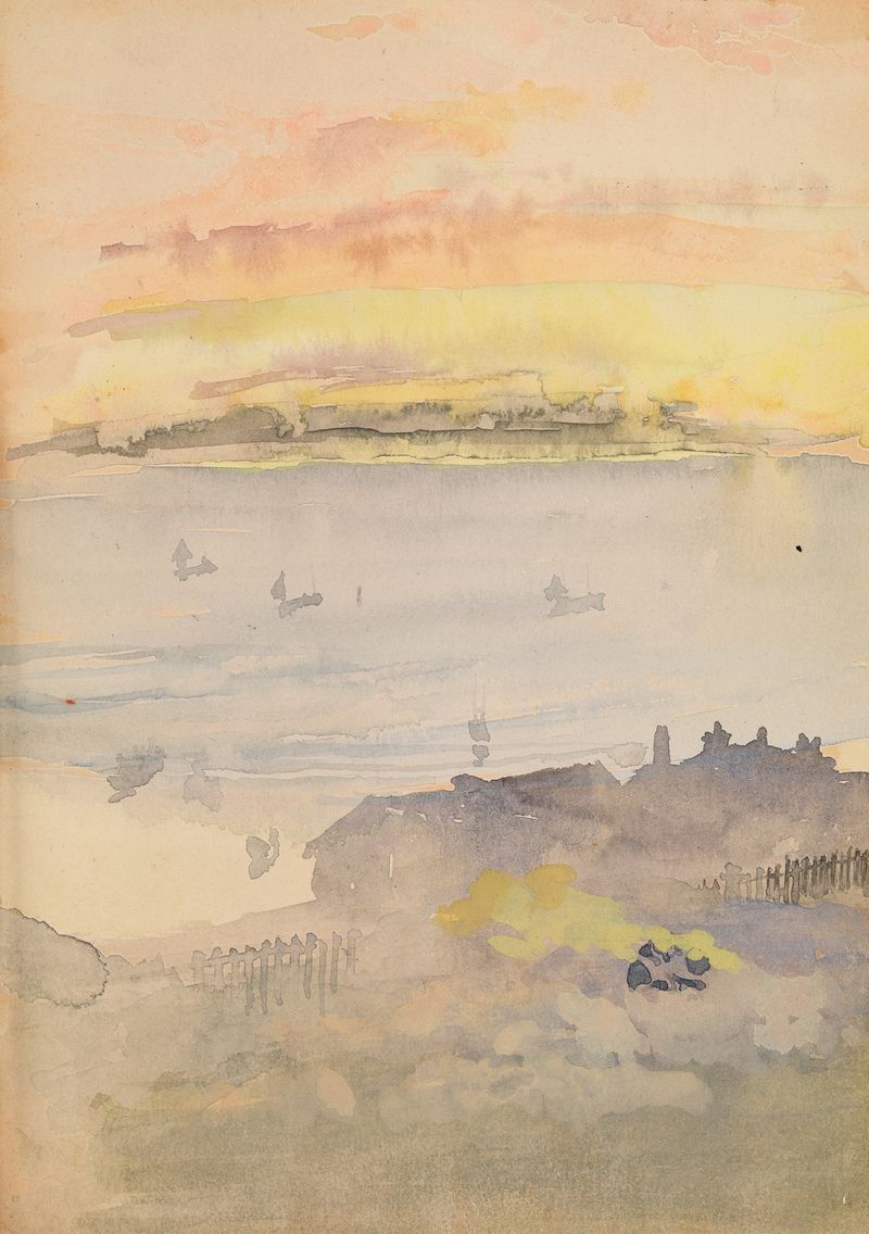 Sunrise; Gold and Grey de James Abbott McNeill Whistler, medio bronce, que representa un paisaje de amanecer tranquilo.