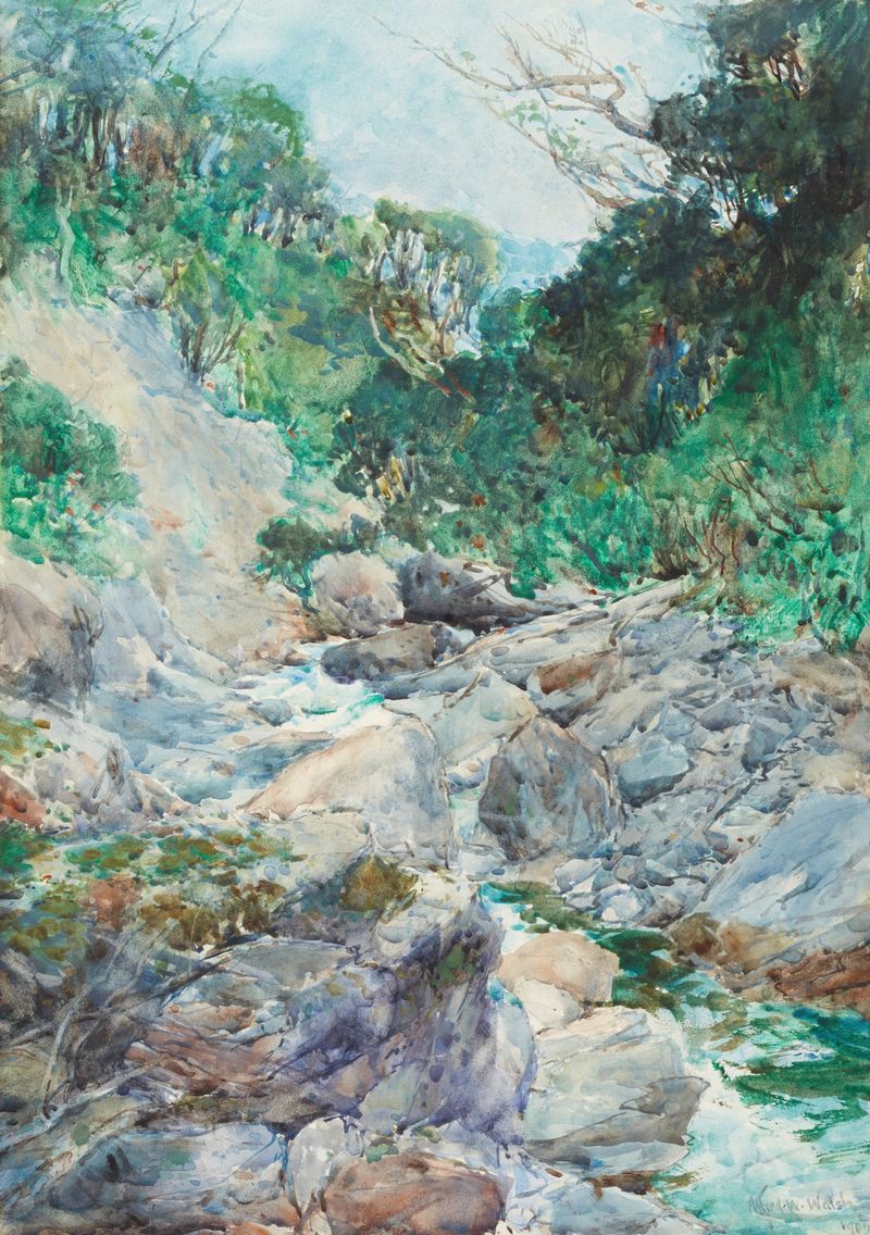 An alpine stream, Otira by Alfred Walsh, oil painting depicting a vibrant landscape.