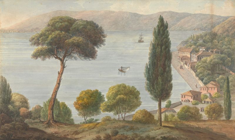 Landscape oil painting by Willey Reveley depicting a seaside village in Turkey