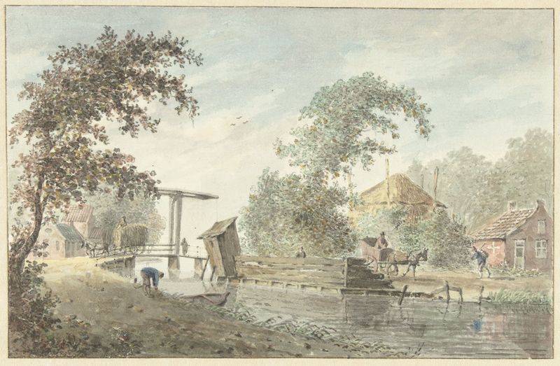 Oil painting by Hermanus Petrus Schouten featuring a waterway and a drawbridge.