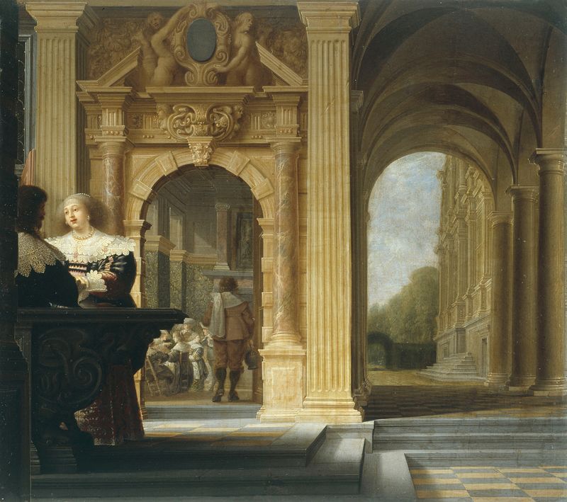 Genre scene depicting a couple conversing in a palace, oil painting by Dirck van Delen