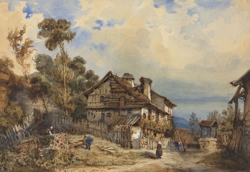 Rustic Landscape by French School, oil on canvas showing a tranquil countryside with a sunlit meadow.