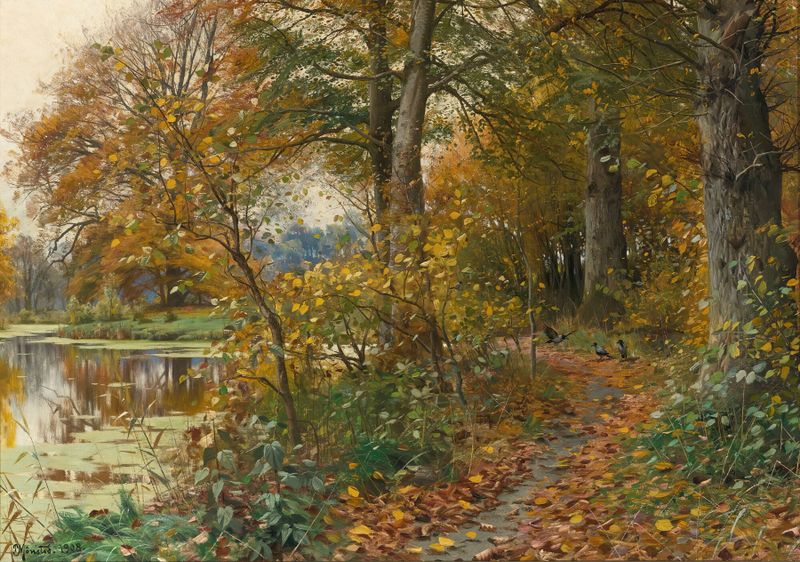 Charlottendun Forest, óleo sobre lienzo de Peder Mørk Mønsted, que representa un paisaje tranquilo con reflejos en el agua.