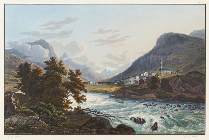 Paisaje que muestra un pueblo cerca de un glaciar de Johann Ludwig Bleuler, medio desconocido.