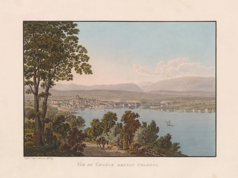 Landscape of Lake Geneva with Alps, oil painting by Gabriel Lory the Younger