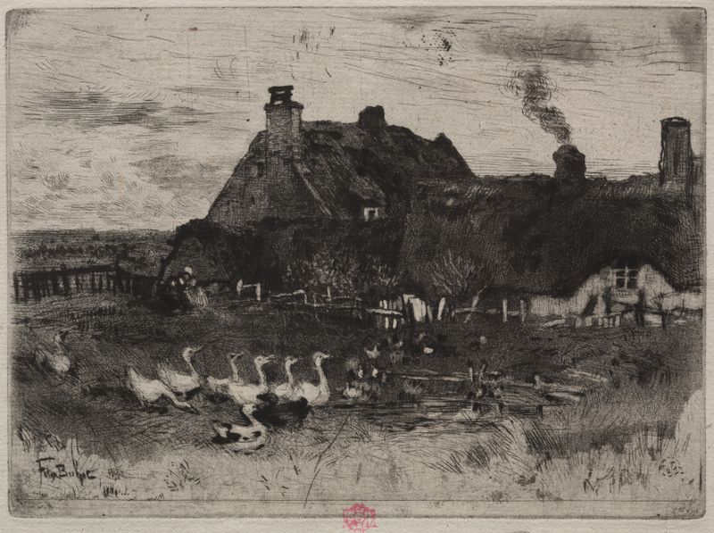 Etching by Félix Hilaire Buhot depicting quaint cottages in a rural landscape.