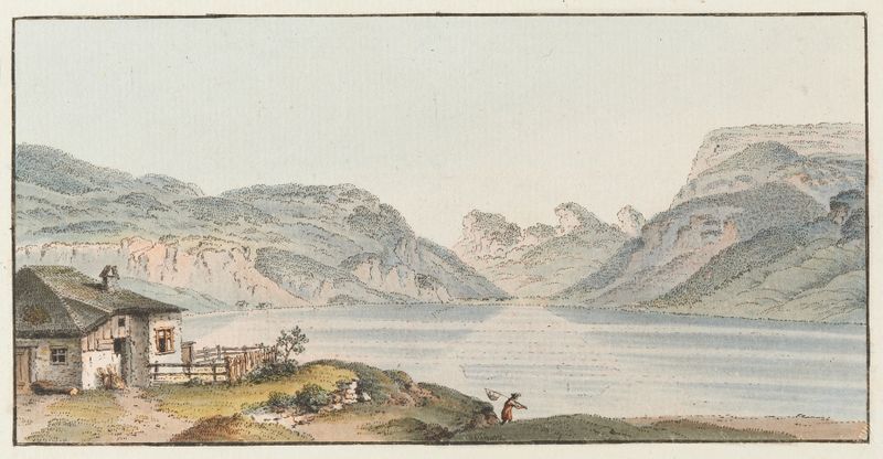 Aquarela de Johann Ludwig Aberli retratando uma paisagem serena com um lago e uma floresta.