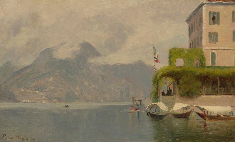 Lake Como, Italy by Jervis McEntee, oil on canvas depicting a serene lake with mountains