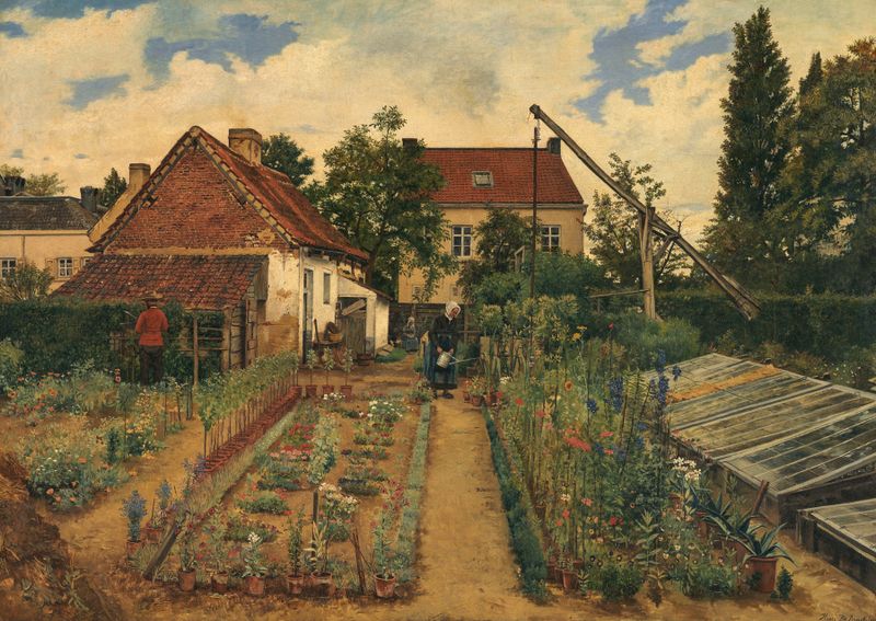 Oil on canvas by Henri de Braekeleer depicting a florist tending flowers with a child nearby.