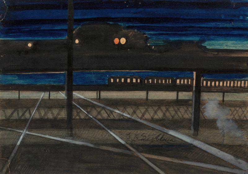 Elevated Railroad de Joseph Stella, que representa arquitectura urbana con estructuras de acero, pintura al óleo.