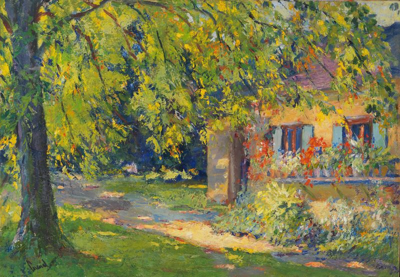 Frühlingsgarten in Starnberg by Edward Cucuel, oil on canvas, depicting a vibrant spring garden with lush foliage.