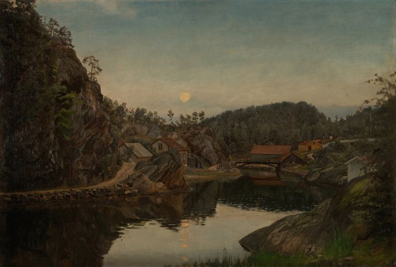 Paisagem ao crepúsculo com colinas, óleo sobre tela de Amaldus Nielsen