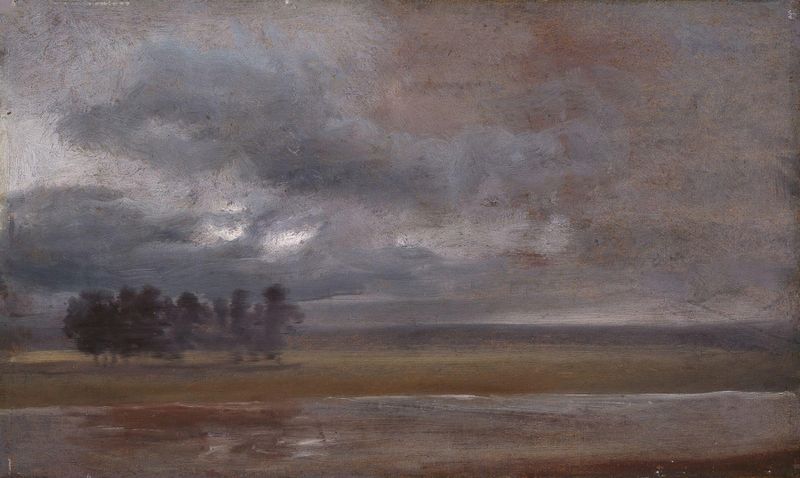 O Elba na chuva, óleo sobre tela de Johan Christian Dahl, retratando uma paisagem fluvial com chuva e árvores.