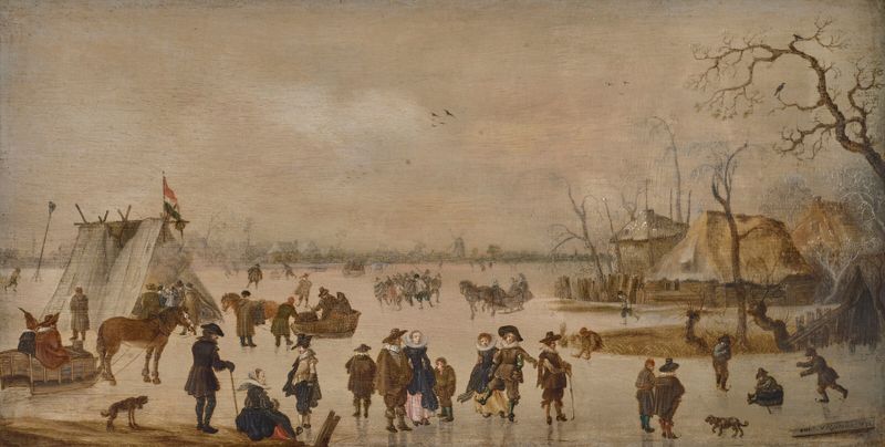 Genre scene of skaters and carriages on a frozen lake by Anthonie Verstraelen, oil painting