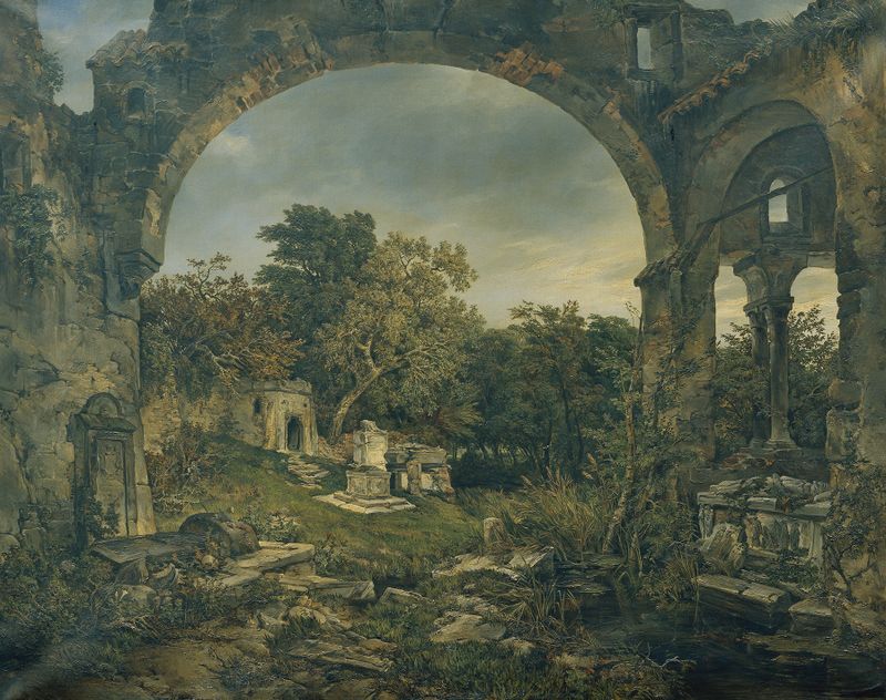 Desolate graveyard with leafless trees, oil on canvas by Joseph Selleny