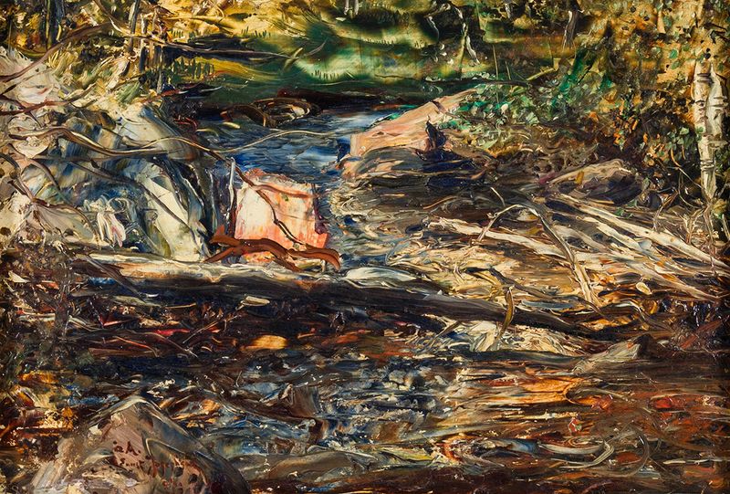 Paisagem com Riacho, óleo sobre tela de Ernst Josephson mostrando um riacho suave e folhagem exuberante.