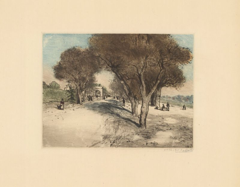 La route ensoleillée, óleo sobre lienzo de Jean François Raffaëlli, presenta un camino soleado con árboles.