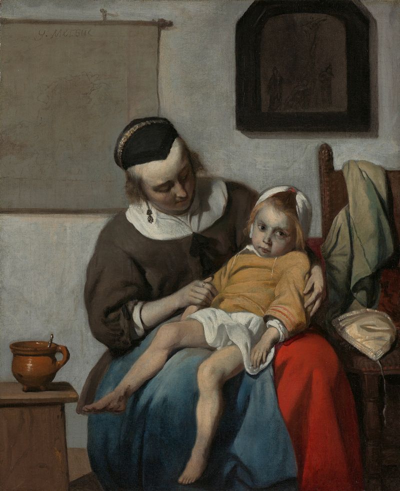 Pintura al óleo de Gabriël Metsu que muestra a una madre consolando a su hijo enfermo