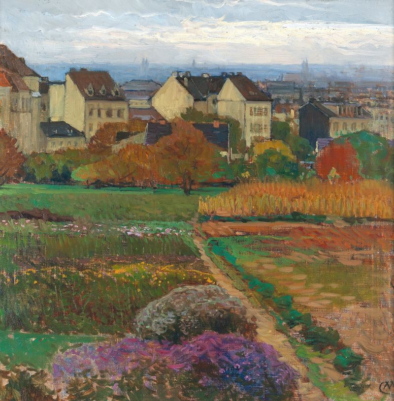 Döbling Wien by Carl Moll, oil on canvas depicting a sunlit landscape with rich greens and blues