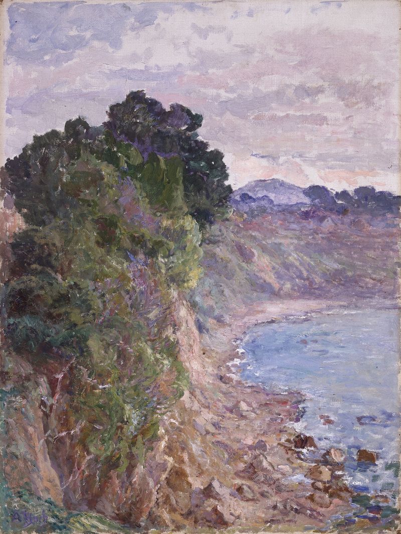 Costa con olas y luz solar, pintura al óleo de Anna Boch