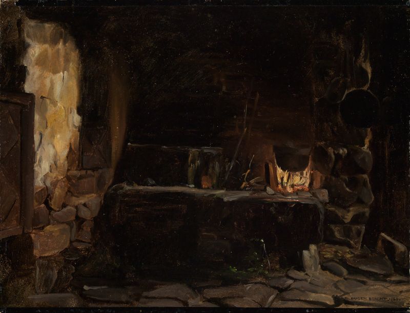 Herd im Thomahaus zu Bernau de Eugen Bracht, pintura al óleo que muestra un rebaño pastando en un paisaje exuberante.