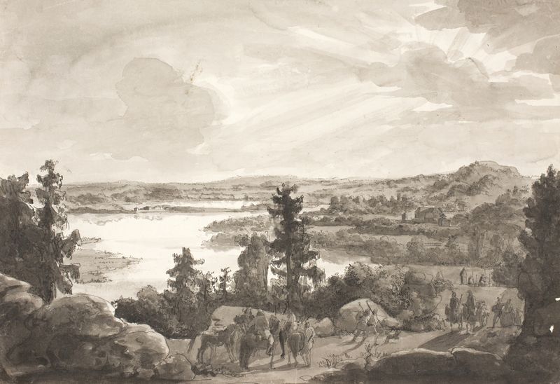Lake landscape with trees and sky by Johan Christian Dahl, oil painting
