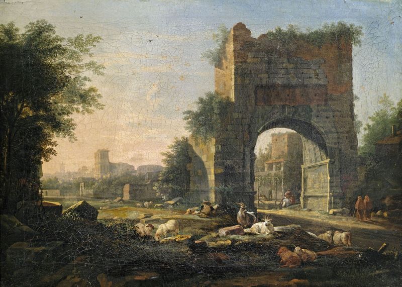 Paisagem representando o crepúsculo sobre um rio, pintura a óleo de Willem van Bemmel