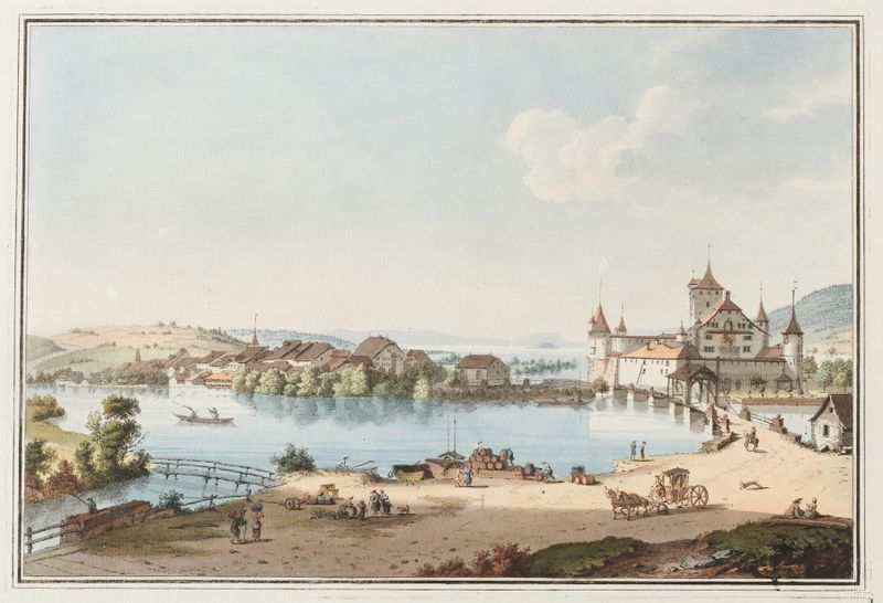 Engraving by Johann Ludwig Aberli depicting Lake Bienne and surrounding hills