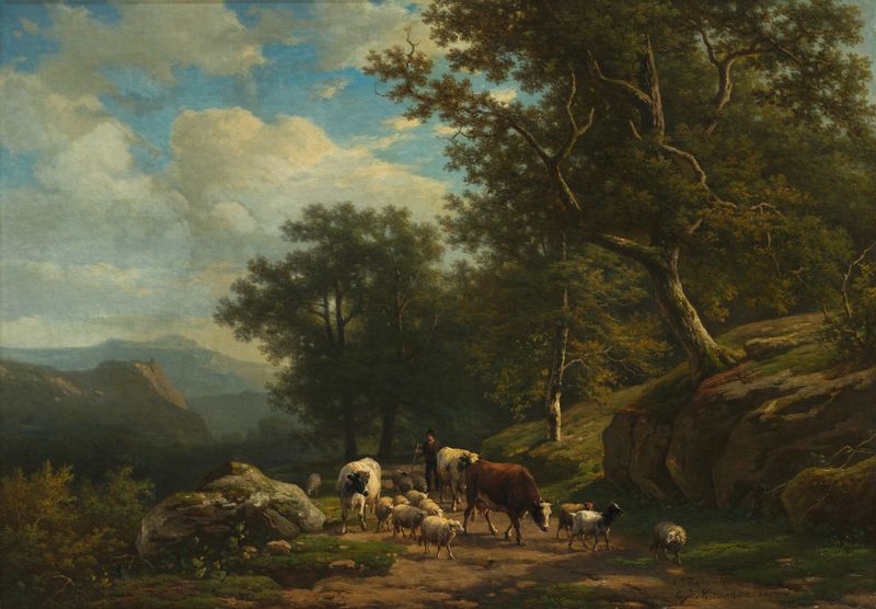 Landscape with a Peasant and His Flock de Alexander Joseph Daiwaille, pintura al óleo