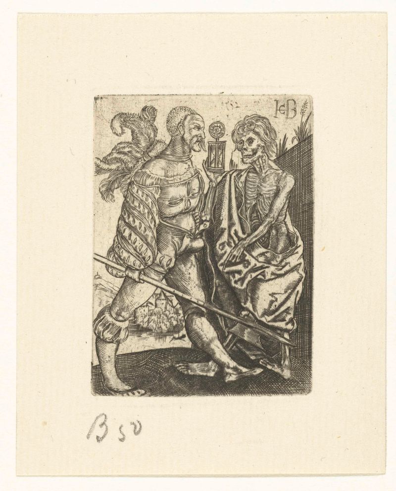 Gravura de Jacob Binck mostrando um halberdier com a morte e uma ampulheta