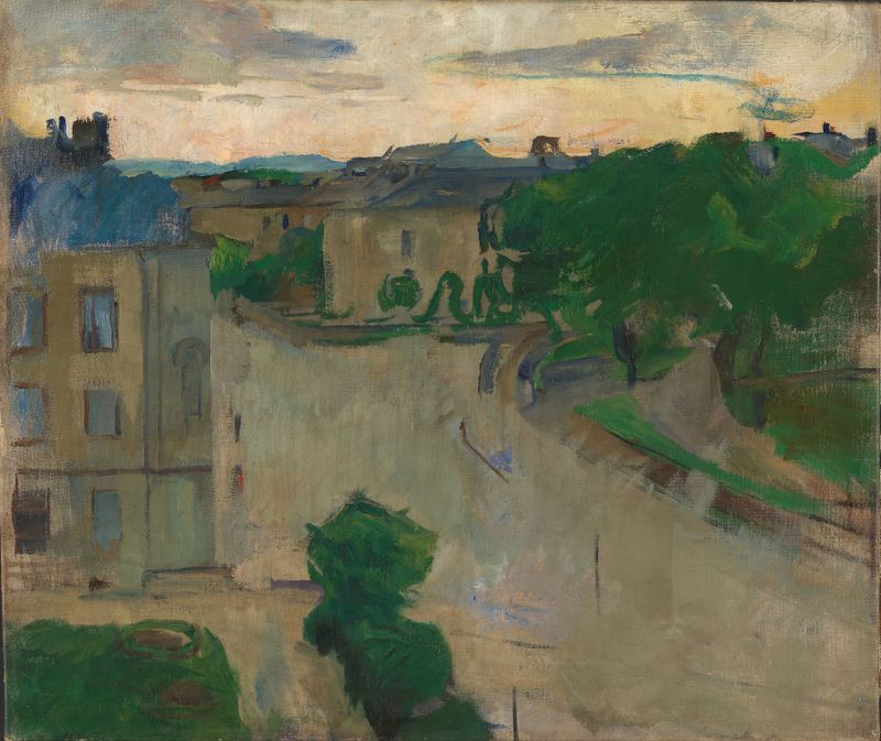 View from my Balcony, Hansteensgate by Harriet Backer, Impressionism, depicting a cityscape with light and shadow.
