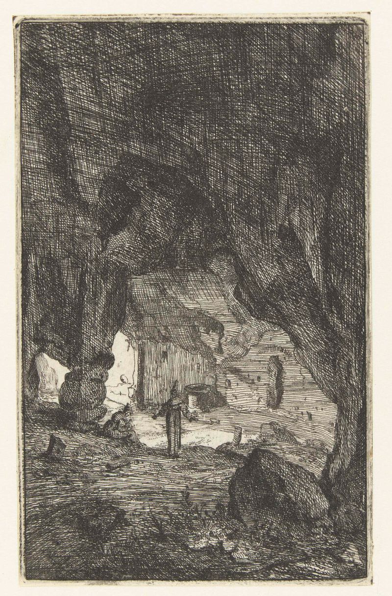 Etching by Bartholomeus Breenbergh depicting a grotto with light and shadows.