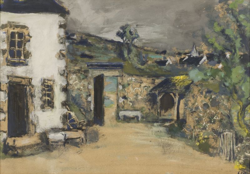 Escena interior de una granja con suaves tonos ocre y verde, pintura al óleo de Édouard Vuillard