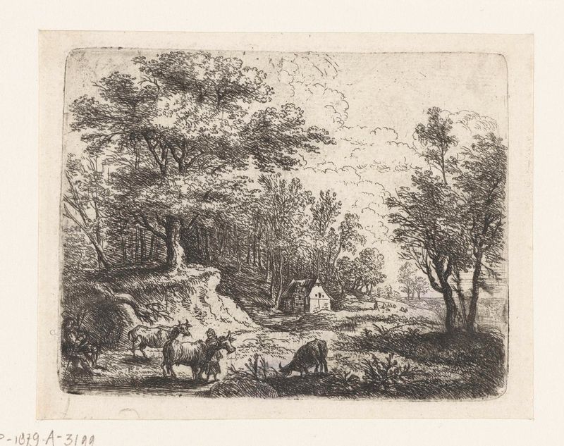 Landschap met drie koeien en een vrouw, gravura de Lucas van Uden, com uma mulher e vacas pastando.