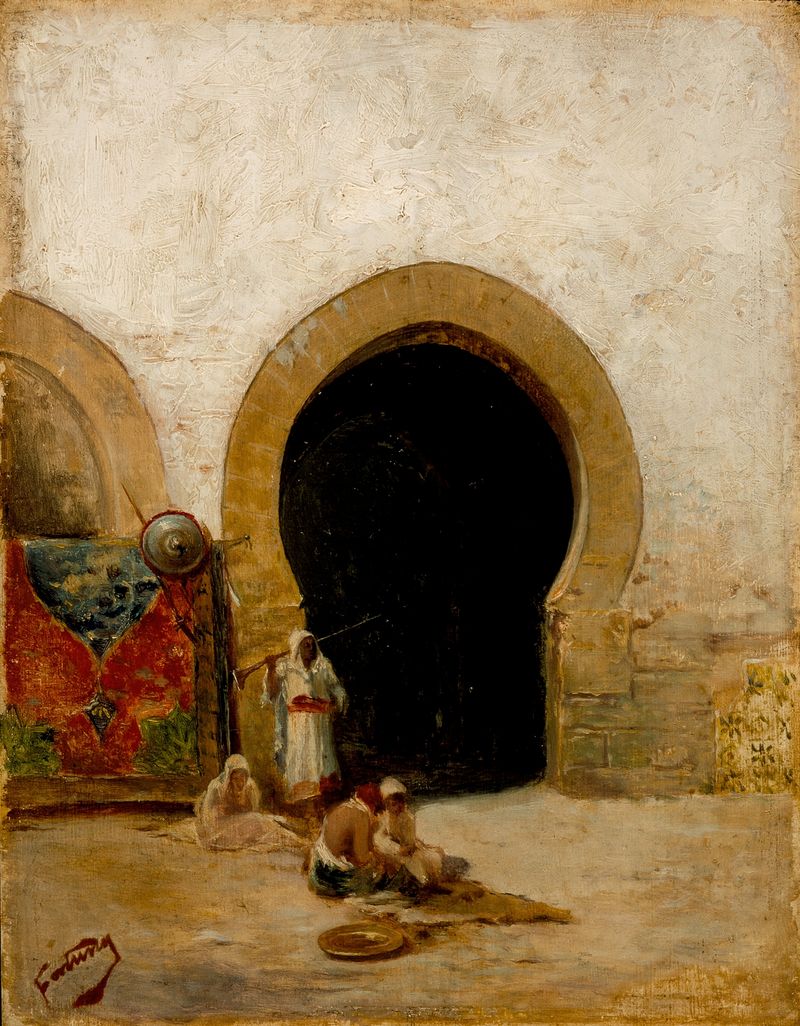 Genre scene with vibrant fabrics and intricate patterns, oil painting by Mariano Fortuny Marsal