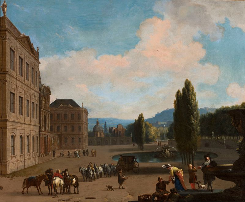 Palace courtyard with a fountain, a carriage and people, oil on canvas by Jan van Huchtenburg