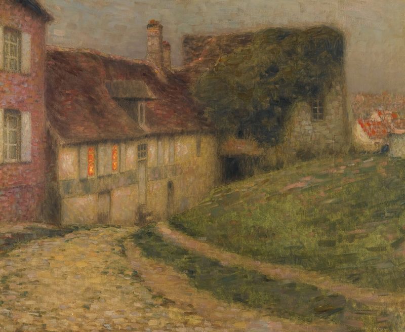 Vieilles Maisons de Henri Le Sidaner, óleo sobre lienzo que muestra casas antiguas en un paisaje sereno