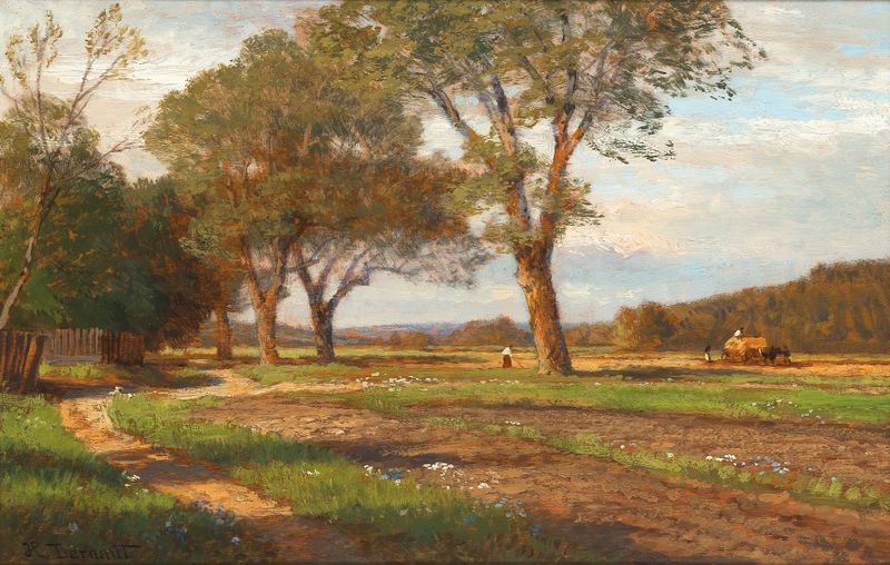 Summer Harvest de Hugo Darnaut, pintura al óleo de campos de trigo dorados bajo luz cálida.
