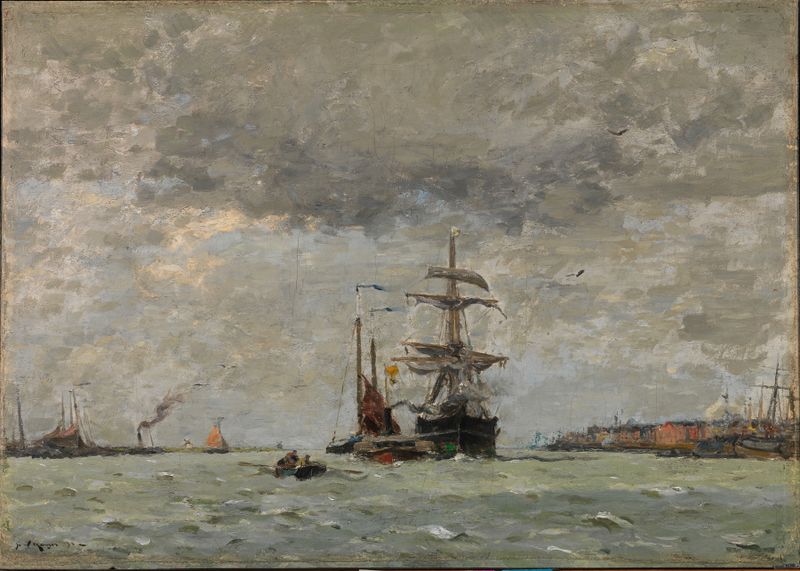 Entrance To The Harbor by Henry Ward Ranger, oil on canvas depicting boats and a coastline.