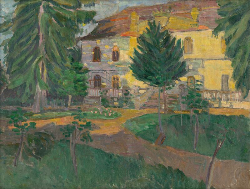 Kaštieľ de Konštantín Kövári-Kačmarik, óleo sobre tela que retrata uma paisagem de castelo tranquila.