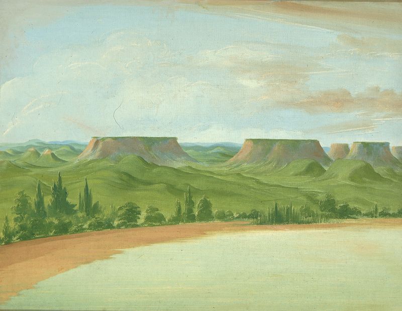 Square Hills, 1200 Miles Above St. Louis by George Catlin, oil on canvas depicting rolling hills and plains.