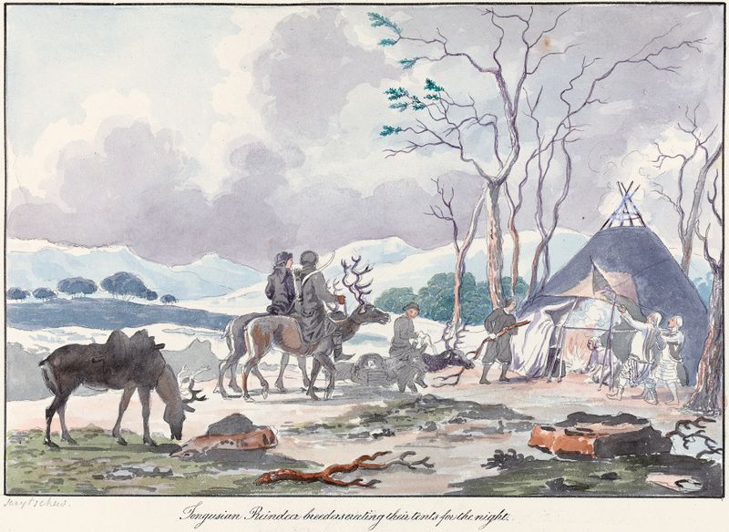 Cena de gênero de criadores de renas erguendo uma tenda à noite por Charles Hamilton Smith