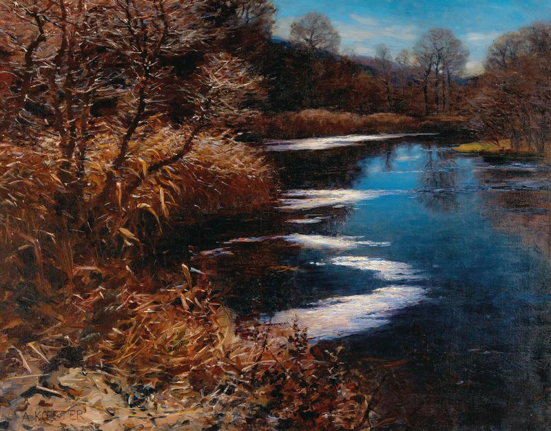 Escena de lago meandro de Alexander Koester, óleo sobre lienzo