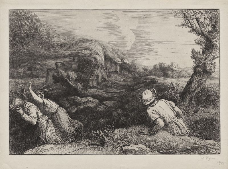 El pueblo en llamas de Alphonse Legros, óleo sobre lienzo que representa un pueblo envuelto en fuego y humo.