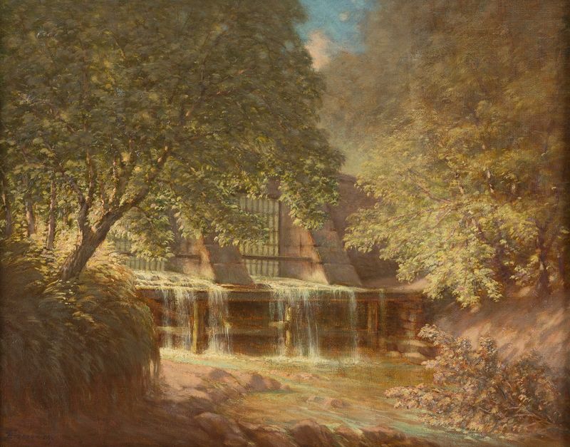 Paisaje que representa una escena de jardín serena de Franz Brzezowsky, Impresionismo